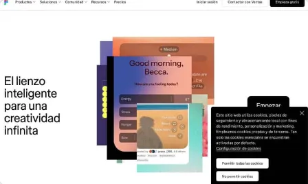 Web de Figma: «El lienzo inteligente para una creatividad infinita» con capturas del producto.