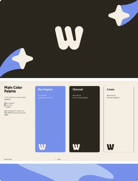 Identidad de marca con una «w» y estrellas sobre fondo oscuro, y paleta azul, carbón y crema.