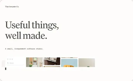 Web de Tiny Computer Co.: «Useful things, well made.» en serif sobre papel.