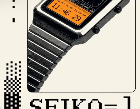 Anuncio retro de un reloj Seiko en crema, negro y naranja con píxeles.