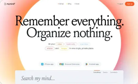 Web de mymind: «Remember everything. Organize nothing.» sobre un degradado cálido.